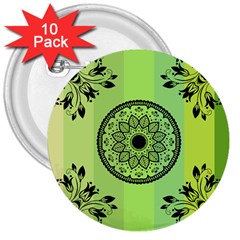 Green Grid Cute Flower Mandala 3  Buttons (10 Pack) 