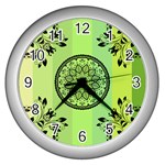 Green Grid Cute Flower Mandala Wall Clock (Silver) Front