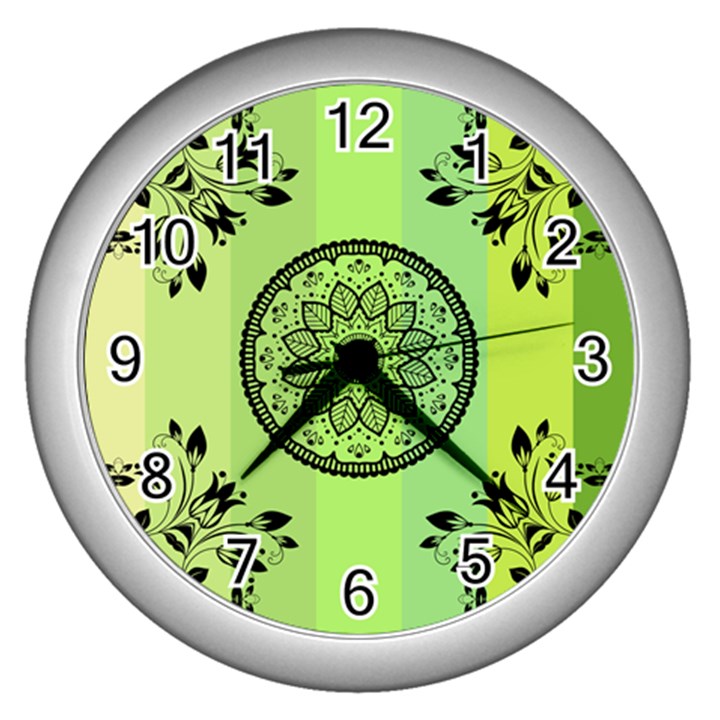 Green Grid Cute Flower Mandala Wall Clock (Silver)