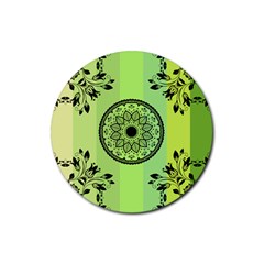 Green Grid Cute Flower Mandala Rubber Round Coaster (4 pack) 