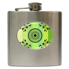 Green Grid Cute Flower Mandala Hip Flask (6 Oz) by Magicworlddreamarts1