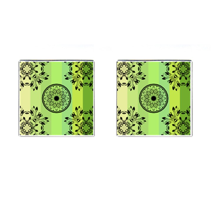 Green Grid Cute Flower Mandala Cufflinks (Square)