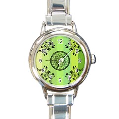 Green Grid Cute Flower Mandala Round Italian Charm Watch