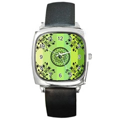 Green Grid Cute Flower Mandala Square Metal Watch