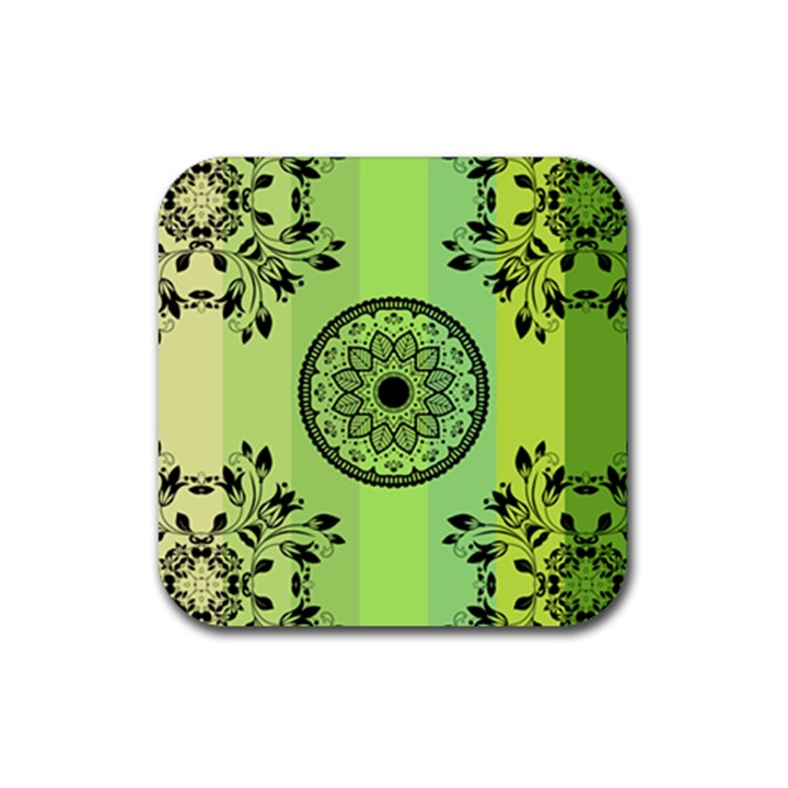 Green Grid Cute Flower Mandala Rubber Coaster (Square) 