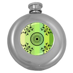 Green Grid Cute Flower Mandala Round Hip Flask (5 Oz)