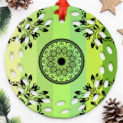 Green Grid Cute Flower Mandala Ornament (Round Filigree)