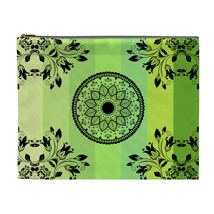 Green Grid Cute Flower Mandala Cosmetic Bag (XL)