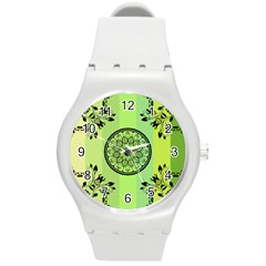 Green Grid Cute Flower Mandala Round Plastic Sport Watch (M)