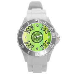 Green Grid Cute Flower Mandala Round Plastic Sport Watch (l)