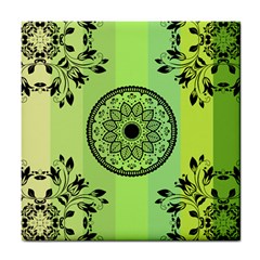 Green Grid Cute Flower Mandala Tile Coaster by Magicworlddreamarts1