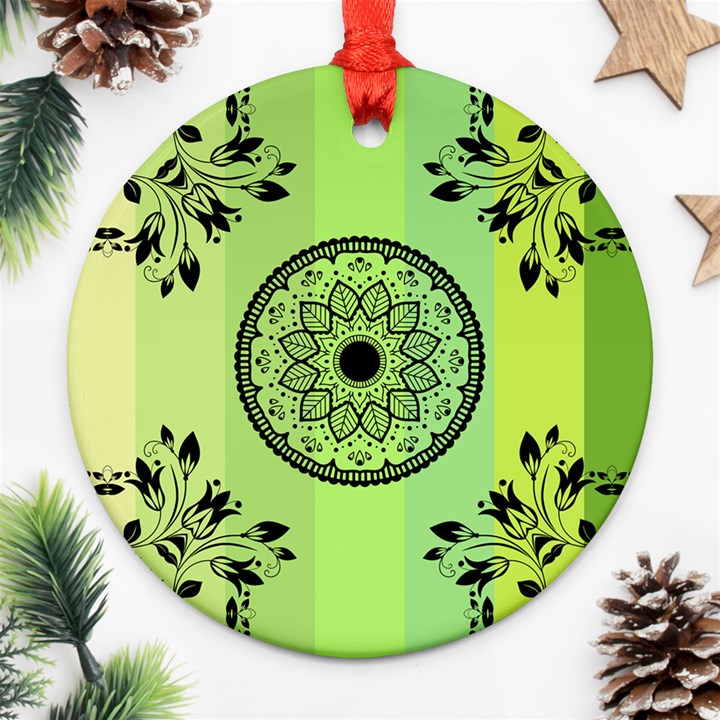 Green Grid Cute Flower Mandala Ornament (Round)