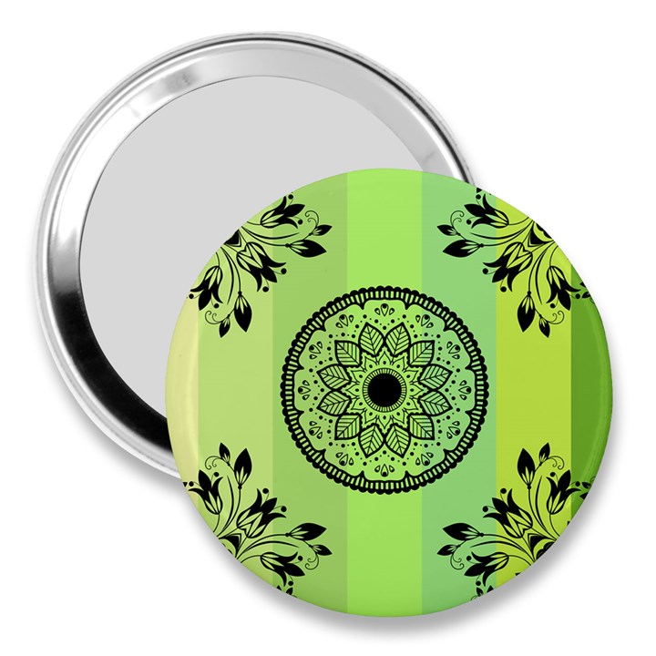 Green Grid Cute Flower Mandala 3  Handbag Mirrors