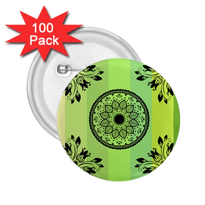 Green Grid Cute Flower Mandala 2.25  Buttons (100 pack) 