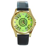 Green Grid Cute Flower Mandala Round Gold Metal Watch Front