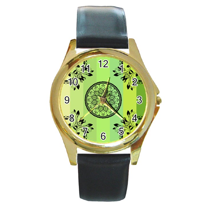 Green Grid Cute Flower Mandala Round Gold Metal Watch