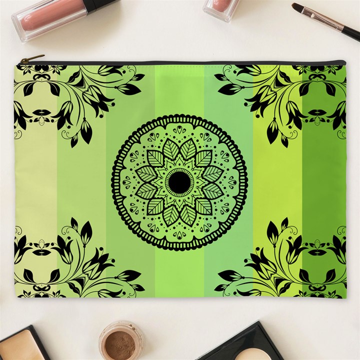 Green Grid Cute Flower Mandala Cosmetic Bag (XXXL)