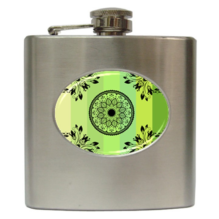 Green Grid Cute Flower Mandala Hip Flask (6 oz)