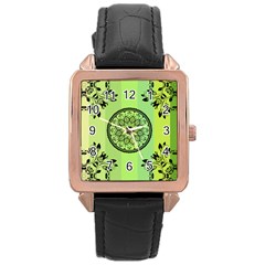 Green Grid Cute Flower Mandala Rose Gold Leather Watch 