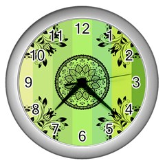 Green Grid Cute Flower Mandala Wall Clock (silver) by Magicworlddreamarts1