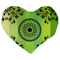 Green Grid Cute Flower Mandala Large 19  Premium Flano Heart Shape Cushions by Magicworlddreamarts1