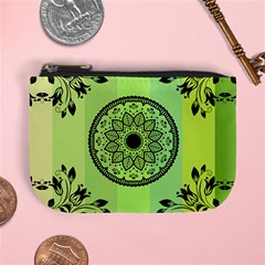 Green Grid Cute Flower Mandala Mini Coin Purse by Magicworlddreamarts1