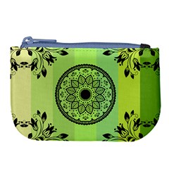 Green Grid Cute Flower Mandala Large Coin Purse by Magicworlddreamarts1