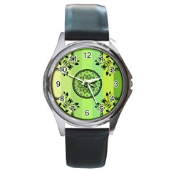 Green Grid Cute Flower Mandala Round Metal Watch