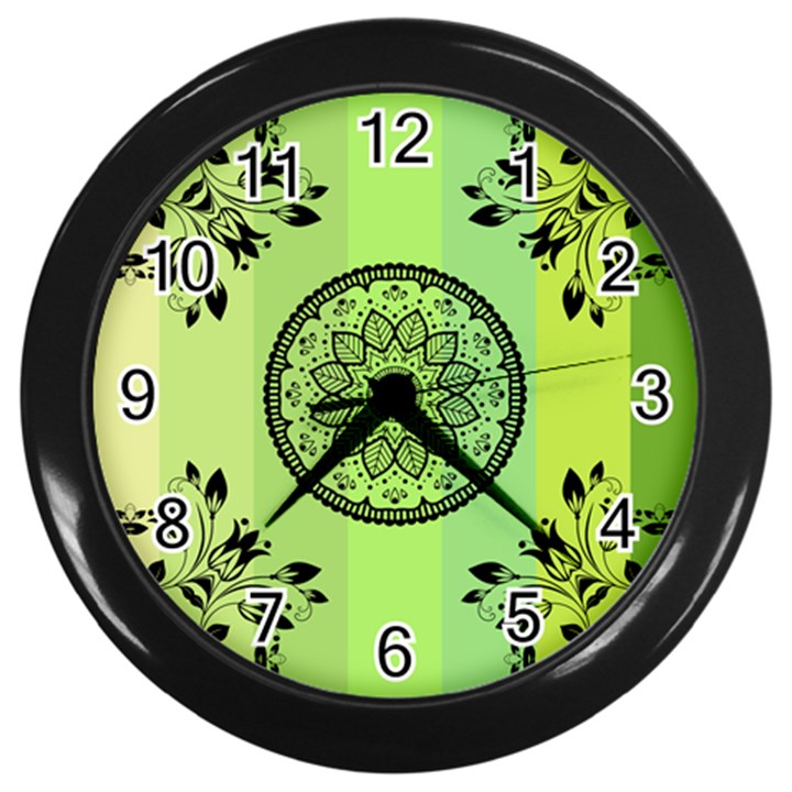 Green Grid Cute Flower Mandala Wall Clock (Black)