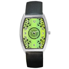 Green Grid Cute Flower Mandala Barrel Style Metal Watch by Magicworlddreamarts1