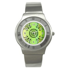 Green Grid Cute Flower Mandala Stainless Steel Watch by Magicworlddreamarts1