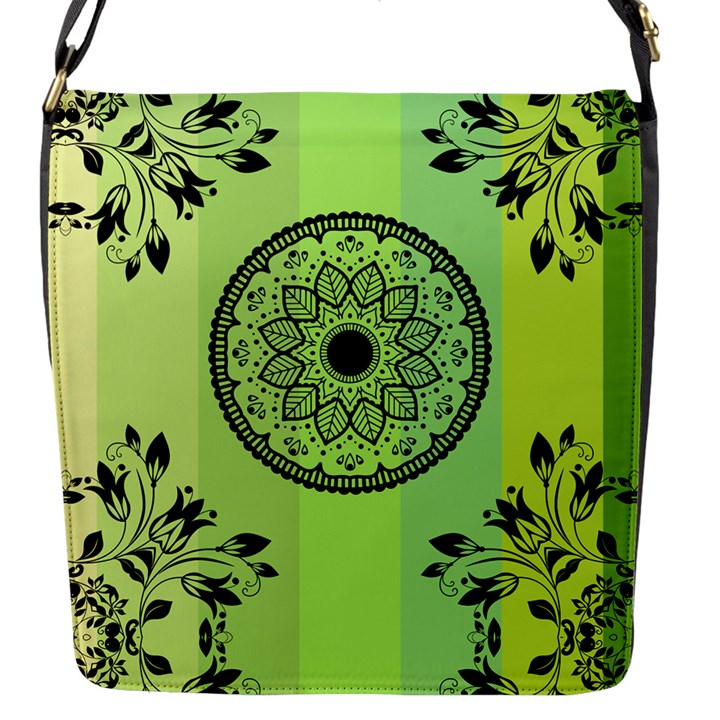 Green Grid Cute Flower Mandala Flap Closure Messenger Bag (S)