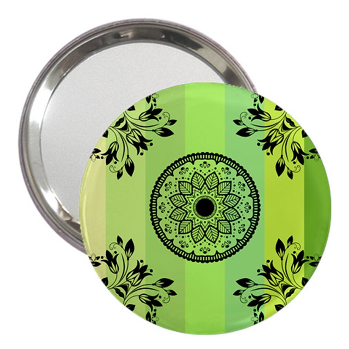 Green Grid Cute Flower Mandala 3  Handbag Mirrors