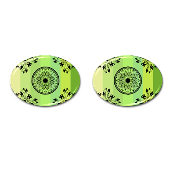 Green Grid Cute Flower Mandala Cufflinks (Oval)