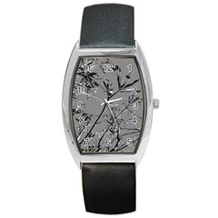 Grey Colors Flowers And Branches Illustration Print Barrel Style Metal Watch