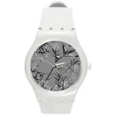 Grey Colors Flowers And Branches Illustration Print Round Plastic Sport Watch (M)