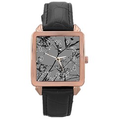 Grey Colors Flowers And Branches Illustration Print Rose Gold Leather Watch 