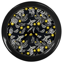 Folk Flowers Art Pattern Floral Abstract Surface Design  Seamless Pattern Wall Clock (black)