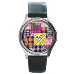 Checks Pattern Round Metal Watch