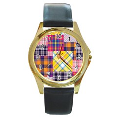 Checks Pattern Round Gold Metal Watch