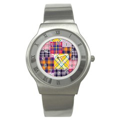 Checks Pattern Stainless Steel Watch