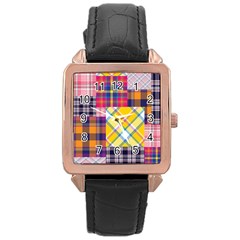 Checks Pattern Rose Gold Leather Watch 