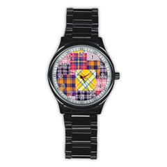 Checks Pattern Stainless Steel Round Watch