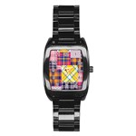 Checks Pattern Stainless Steel Barrel Watch Front