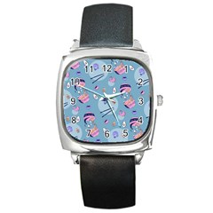 Japanese Ramen Sushi Noodles Rice Bowl Food Pattern 2 Square Metal Watch by DinzDas