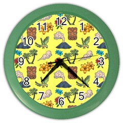 Tropical Island Tiki Parrots, Mask And Palm Trees Color Wall Clock by DinzDas