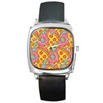 Fast Food Pizza And Donut Pattern Square Metal Watch Front