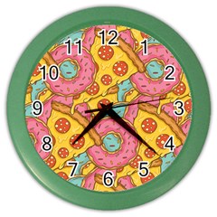 Fast Food Pizza And Donut Pattern Color Wall Clock by DinzDas