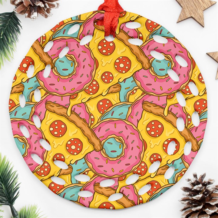 Fast Food Pizza And Donut Pattern Ornament (Round Filigree)