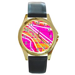 Pop Art Neon Wall Round Gold Metal Watch by essentialimage365